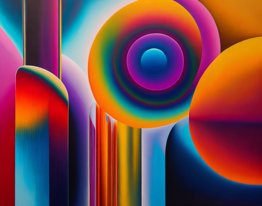 Colorful abstract painting with circular shapes in rainbow gradient