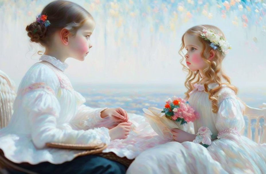 Two girls in white dresses with flower adornments sitting in front of dreamy floral backdrop