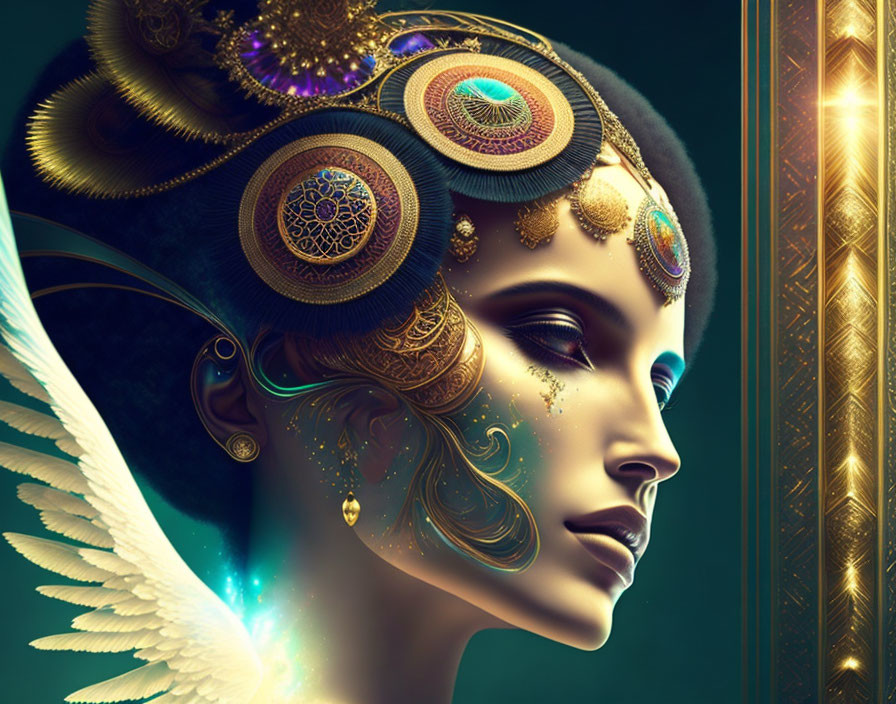 Illustration of woman with golden headdress, jewelry, and ethereal wings on dark background.