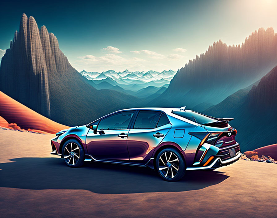 Vibrant car parked in desert with towering rocks and gradient sky