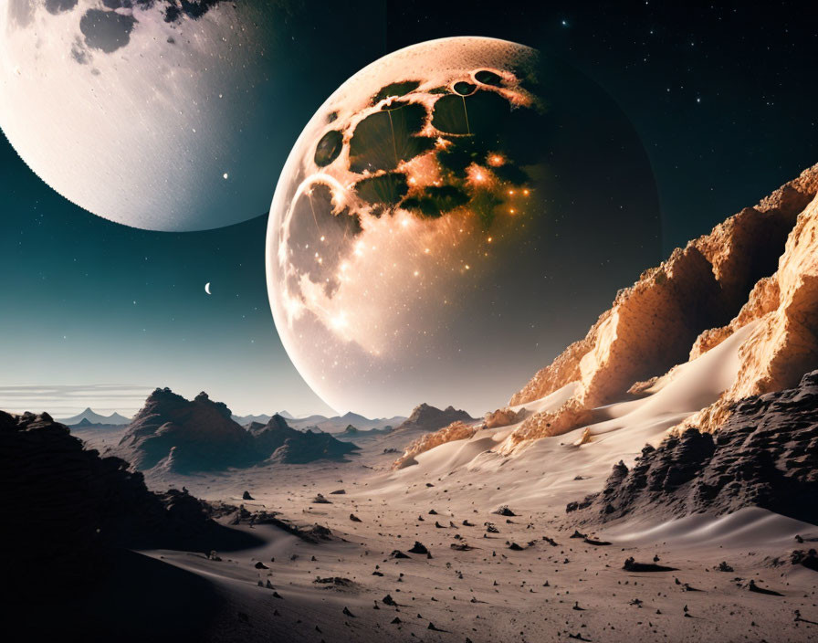 Surreal sci-fi landscape with two large moons and fiery impact above rocky desert terrain