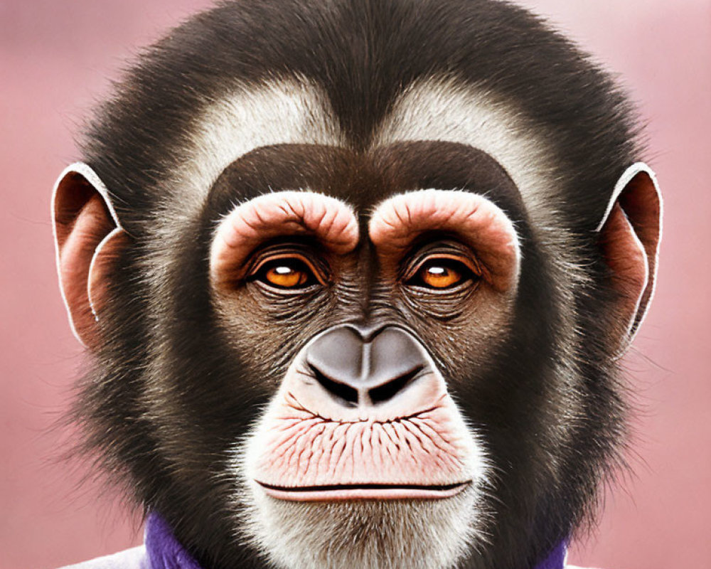 Detailed illustration of chimpanzee with expressive eyes and pink face wearing purple collar.