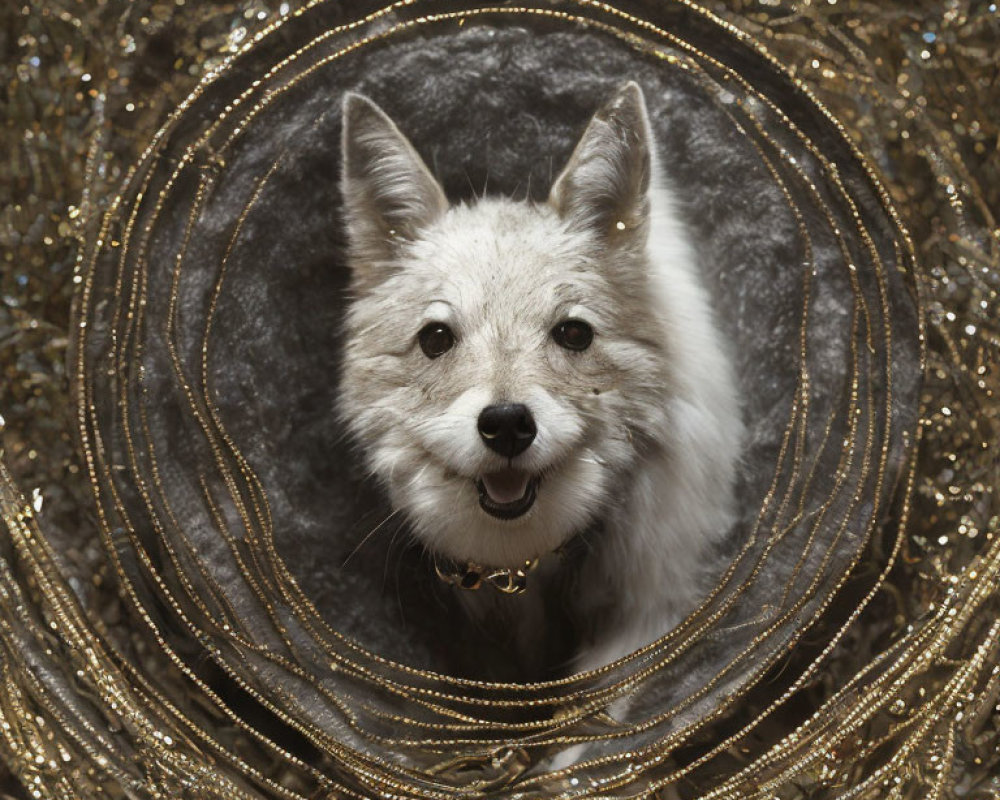 Grey Fox Face in Glittery Golden Circles Portrait