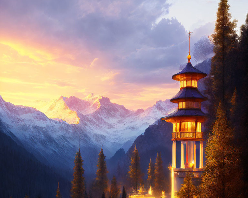 Illuminated multi-tiered pagoda in forest with snow-capped mountains at sunset