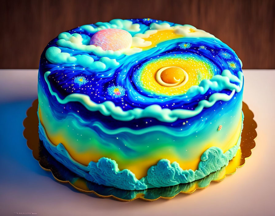 Colorful Galaxy-Themed Cake with Sun, Moon, and Stars