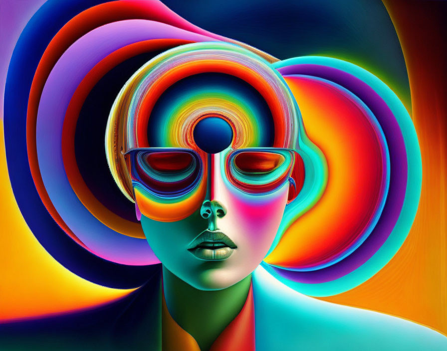 Colorful digital artwork: Psychedelic face with swirling patterns.