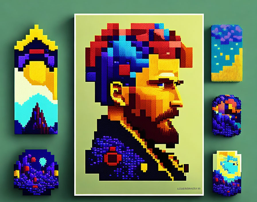 Colorful Pixel Art: Bearded Man, Mountains, Sunset, Starry Night, Ocean