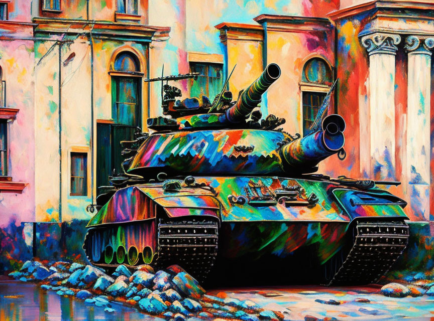 Colorful painting of stacked tanks in urban setting with surreal composition