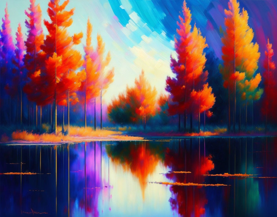 Autumn Trees Painting: Fiery Leaves, Reflecting in Calm Water