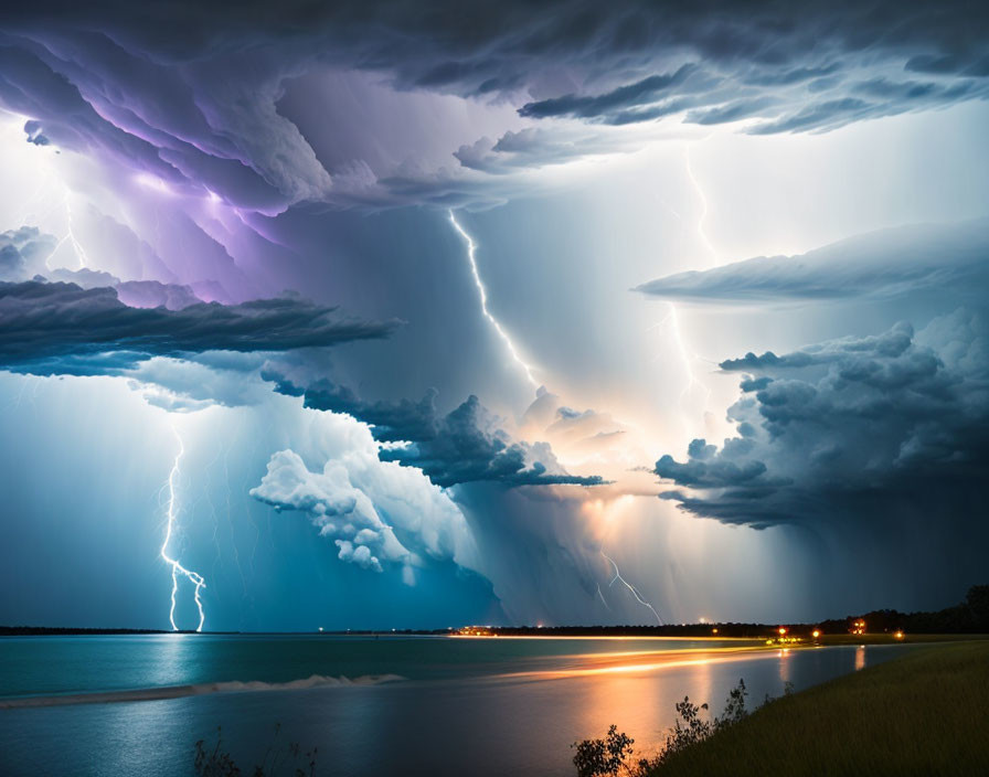 Thunderstorm with Multiple Lightning Strikes Over Serene Water