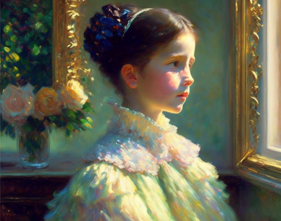 Young girl in frilly dress by window with flower in hair