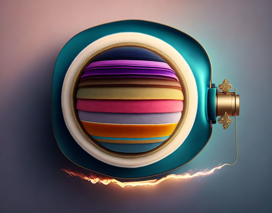 Colorful layered oval object with golden crank emitting spark on gradient background