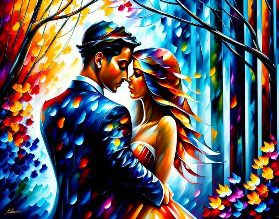 Colorful painting: Couple embracing in nature with vibrant, whimsical atmosphere