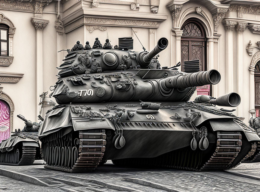 Monochrome Collage of Multiple Military Tanks in Historical Designs