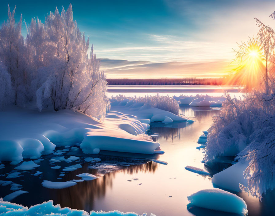 Snow-covered trees and frozen river under warm sun glow