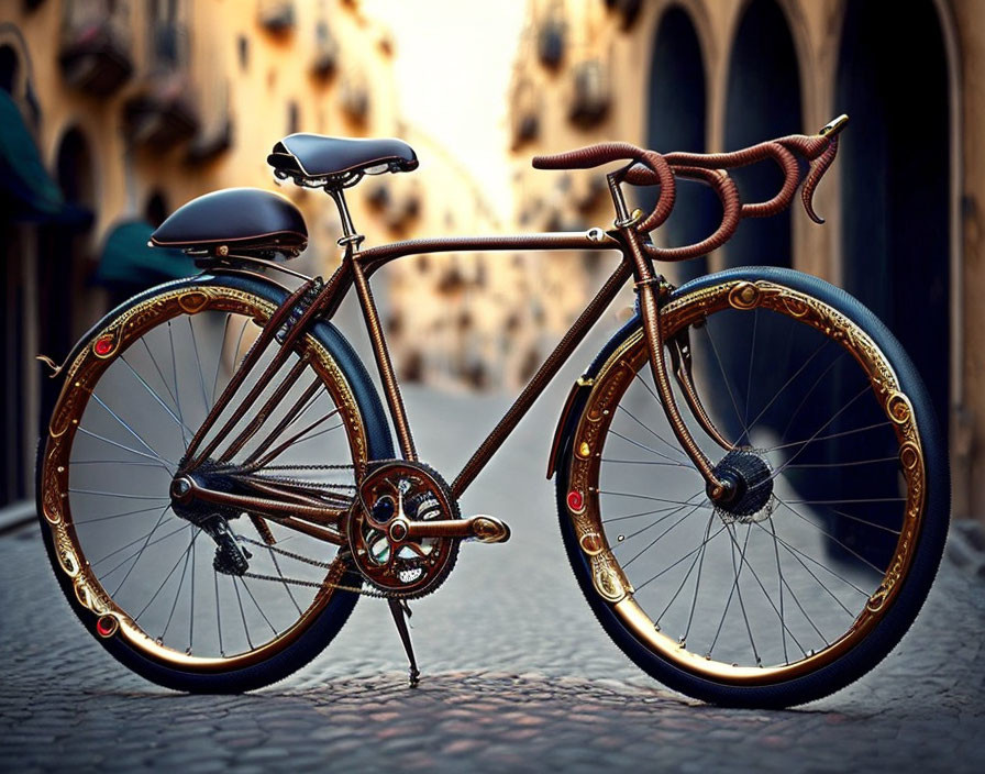 Vintage Bicycle Leaning on Cobblestone Street Against European Building