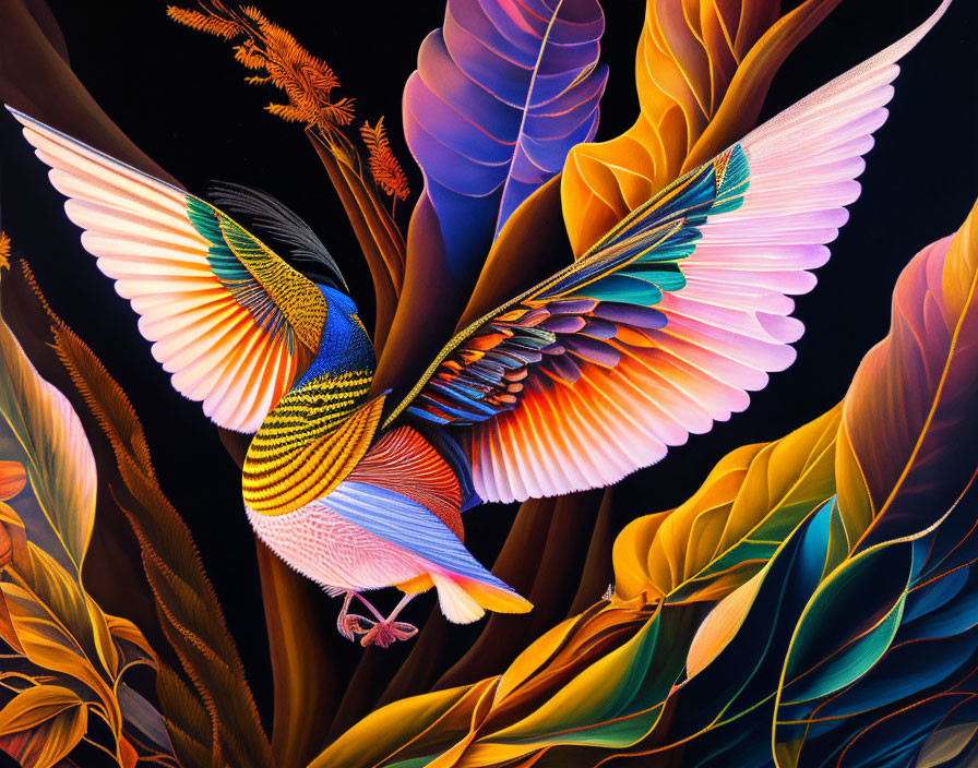 Colorful bird mid-flight among stylized foliage on dark background