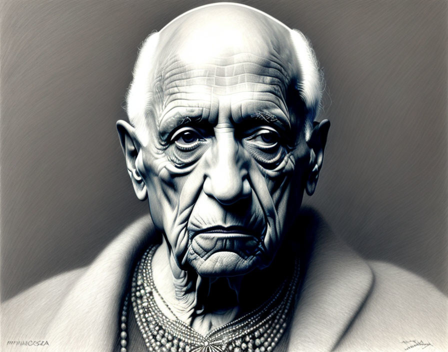 Monochromatic digital portrait of bald elderly man with prominent nose and thin lips