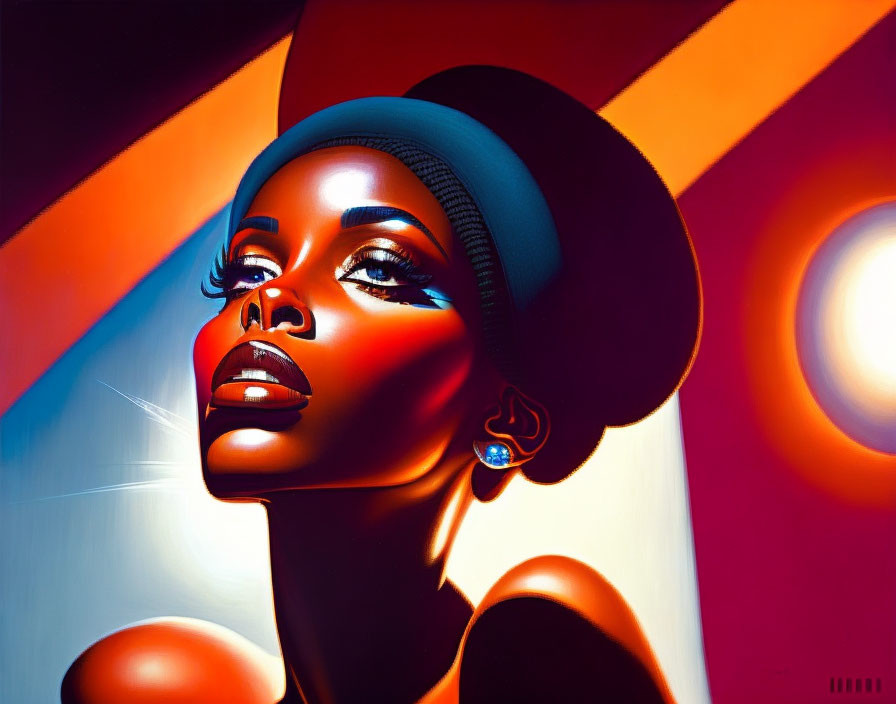 Colorful digital artwork: woman in beret with glossy skin and earring under red and blue lights