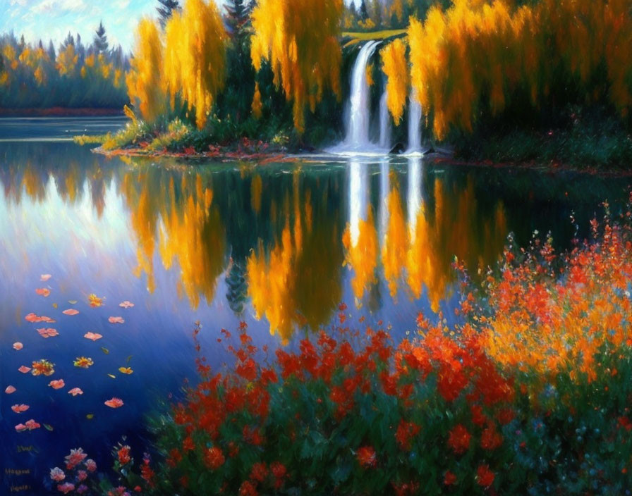 Tranquil autumn landscape with waterfall, colorful trees, and vibrant flowers