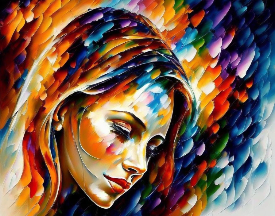 Abstract portrait painting of a woman with flowing hair and closed eyes in vibrant colors