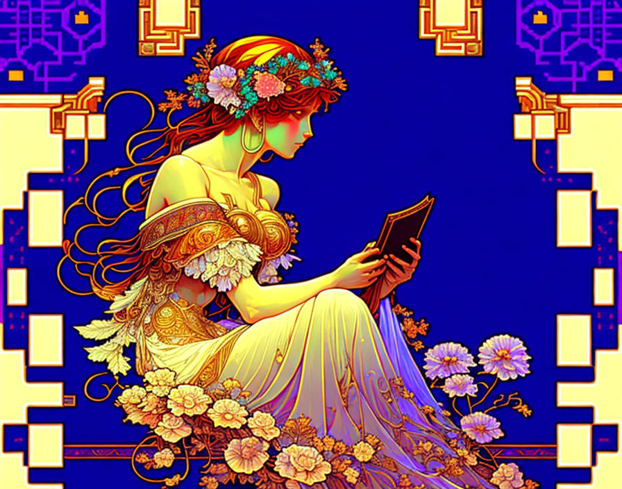 Illustration of woman with floral crown reading book in Art Nouveau style