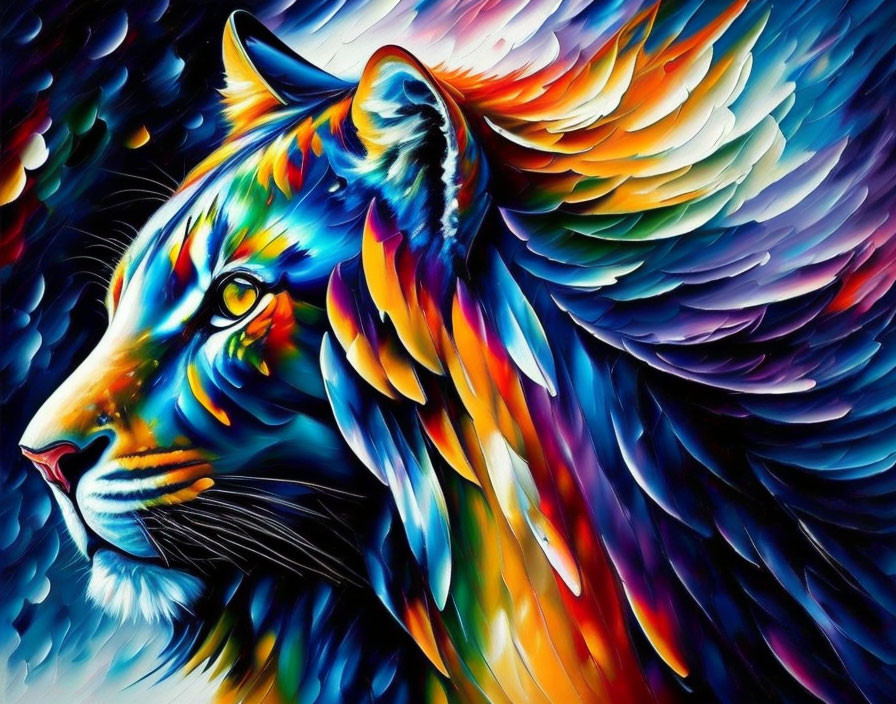 Colorful Lion Painting with Flame-like Mane in Rainbow Spectrum