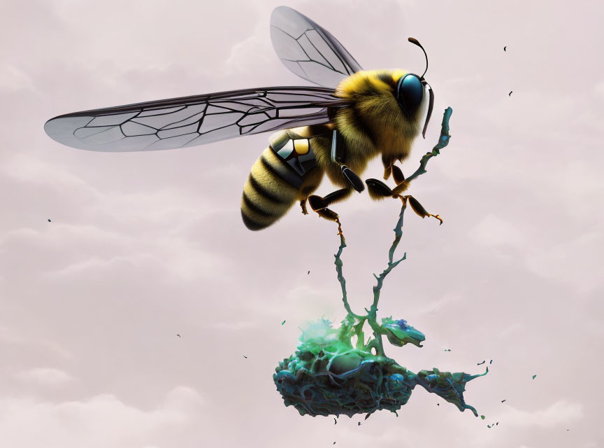 Digitally created giant bee over vibrant island with turquoise liquid