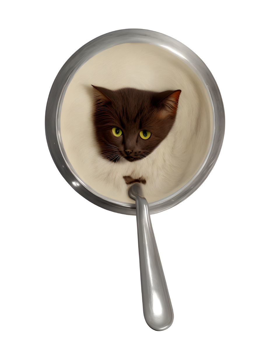 Brown and White Cat with Green Eyes in Frying Pan Illustration