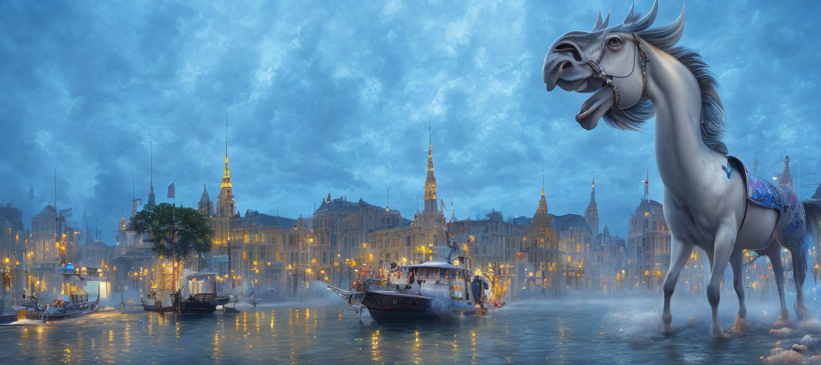 Large Horse Statue by Misty Blue River with European-Style Buildings and Boats at Twilight