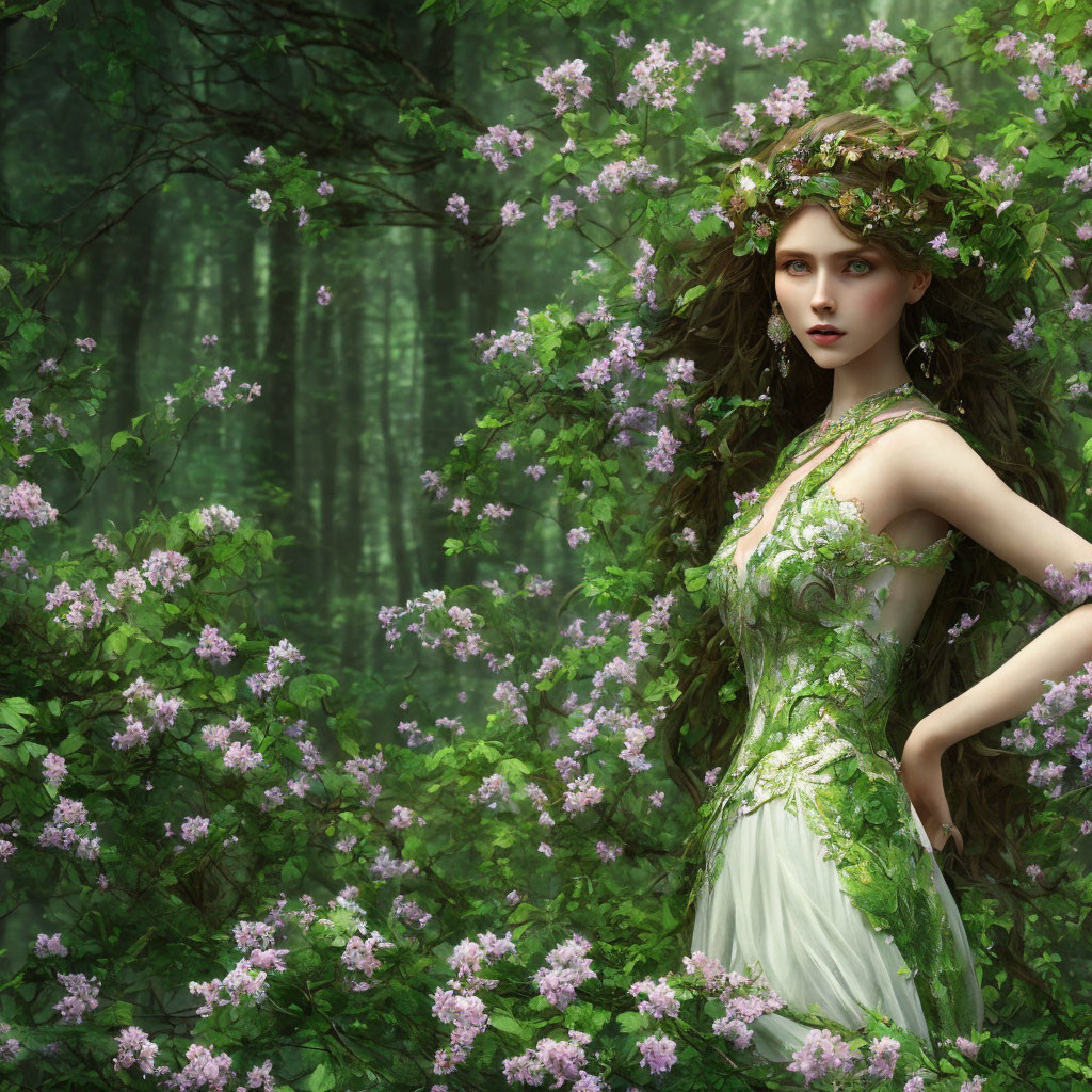 Fantasy woman in floral crown and green dress among lush greenery and pink flowers.