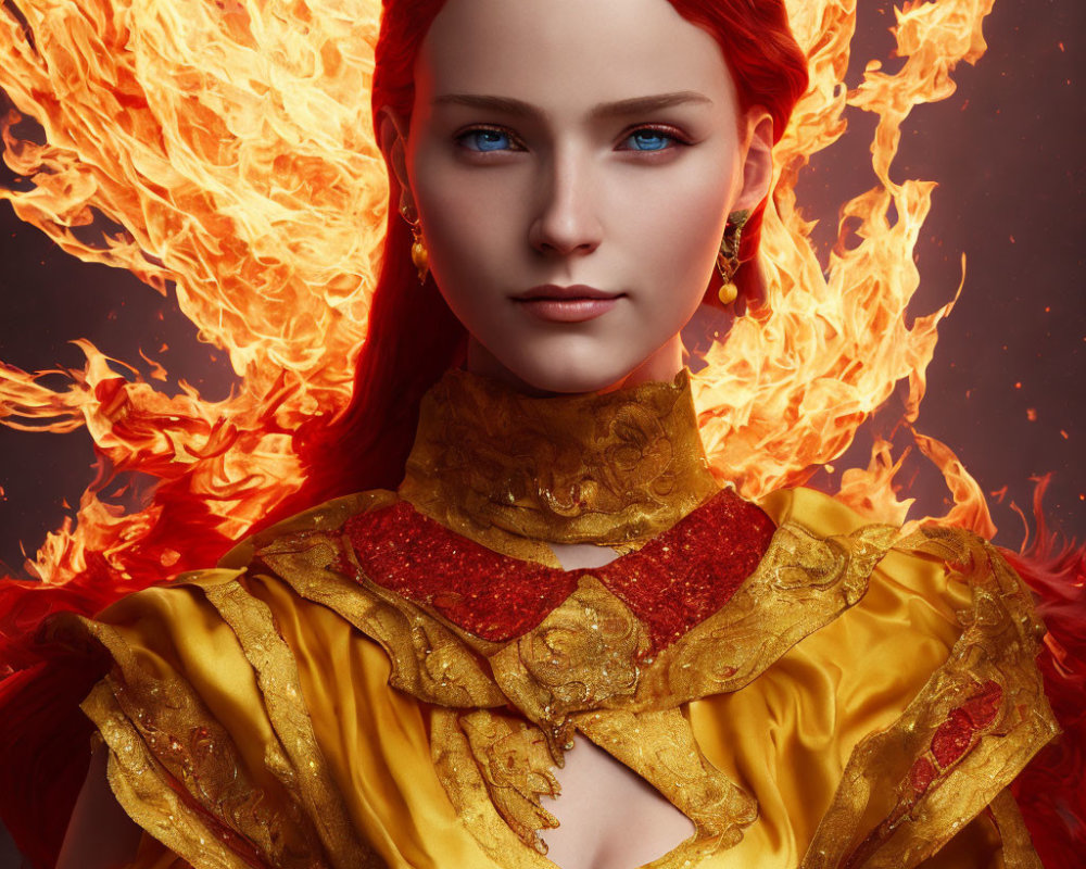Red-haired woman in golden gown with fiery background.