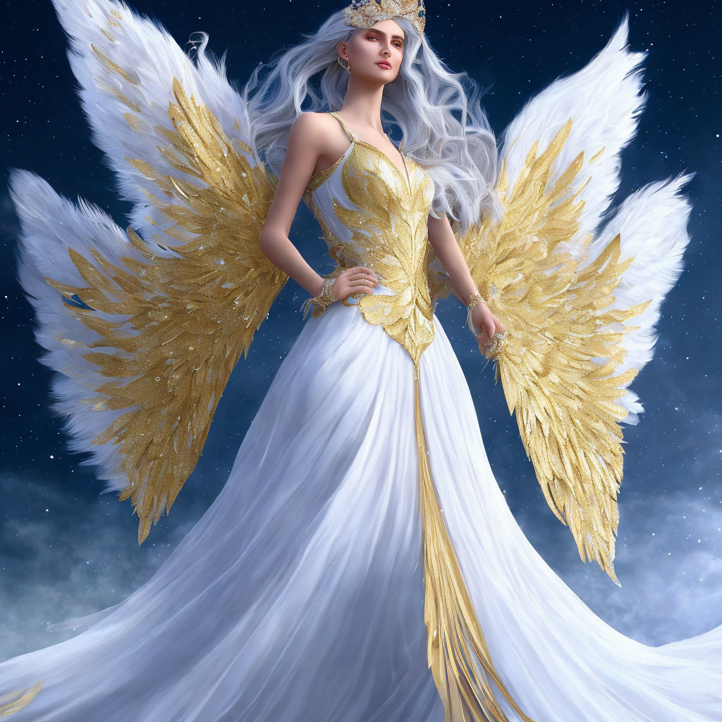Golden-winged woman in white dress under starry sky