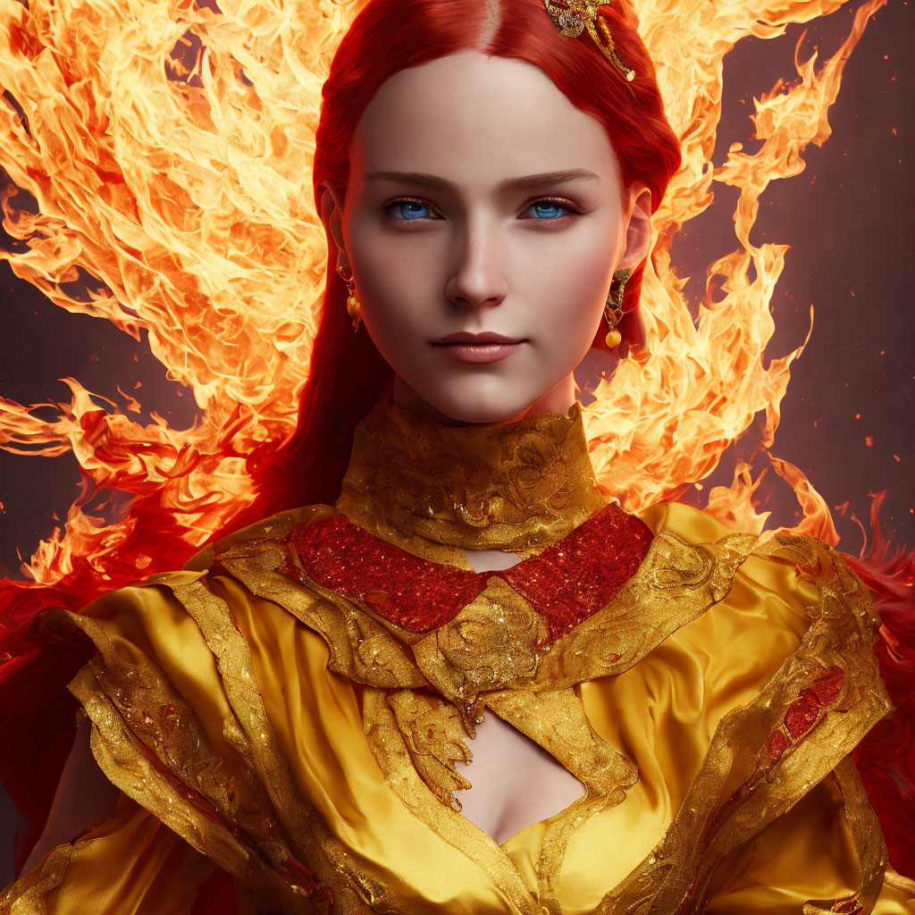 Red-haired woman in golden gown with fiery background.