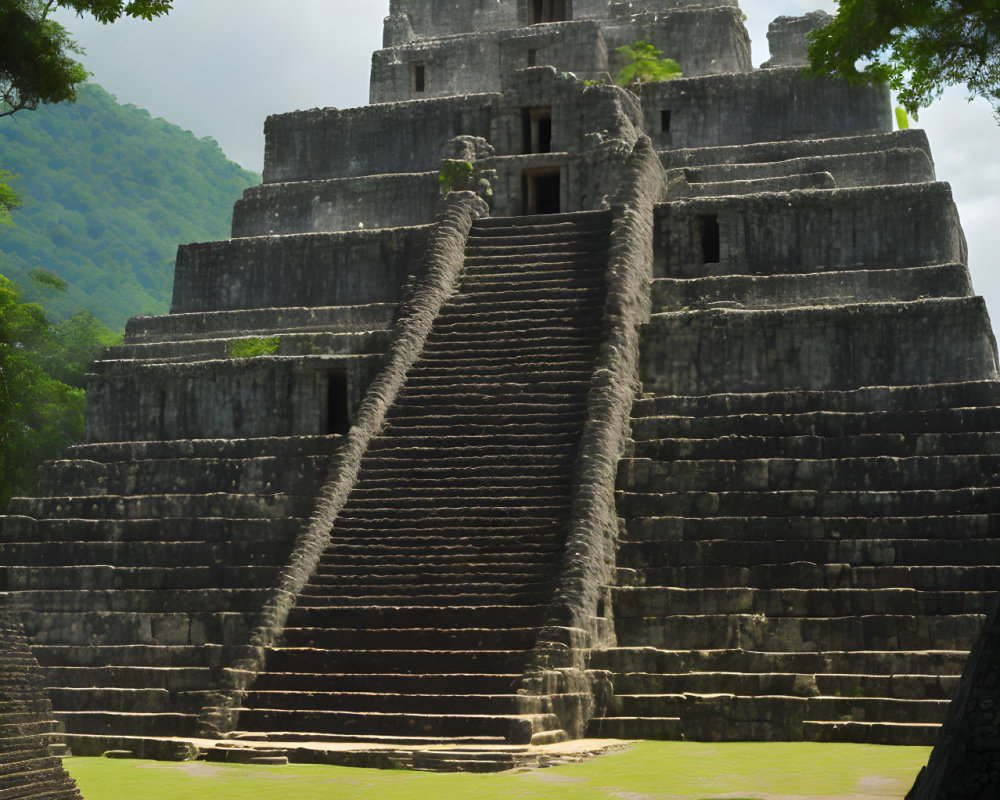 Ancient Mesoamerican Pyramid with Grand Staircase and Tree in Lush Greenery