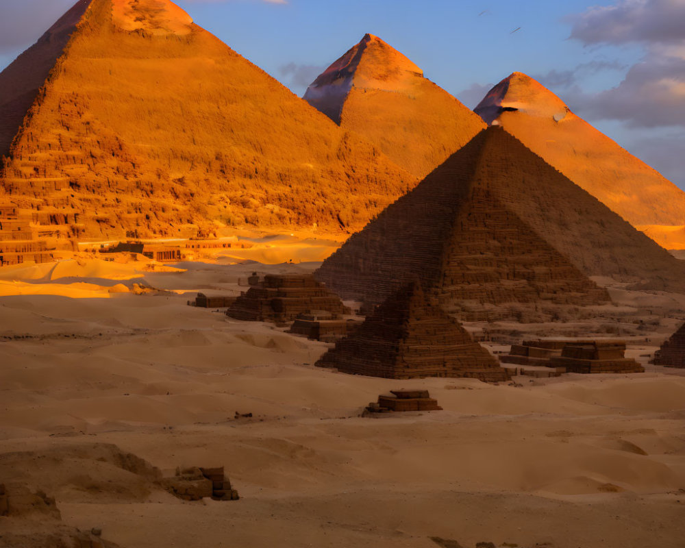 Sunset illuminating Pyramids of Giza with scattered clouds and shadows.