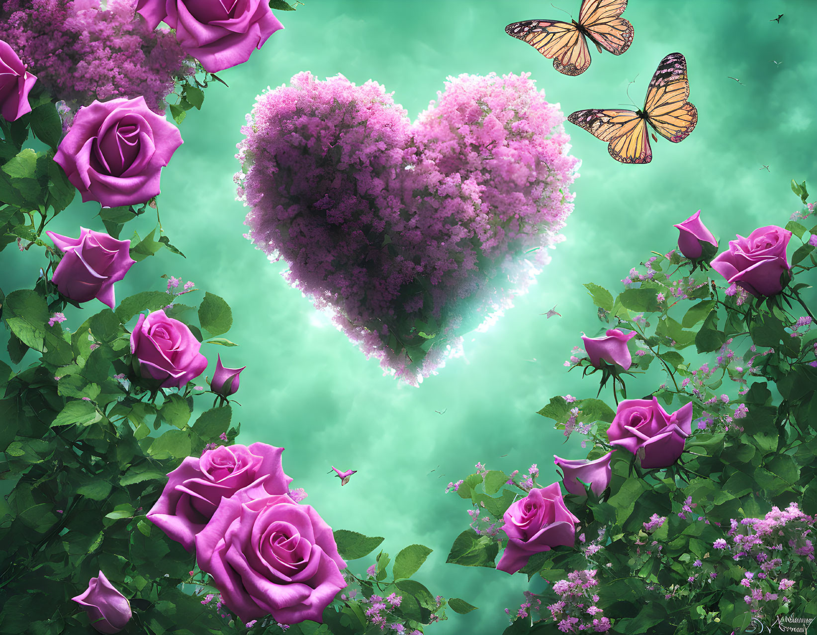 Pink Heart-Shaped Floral Arrangement with Butterflies on Teal Background