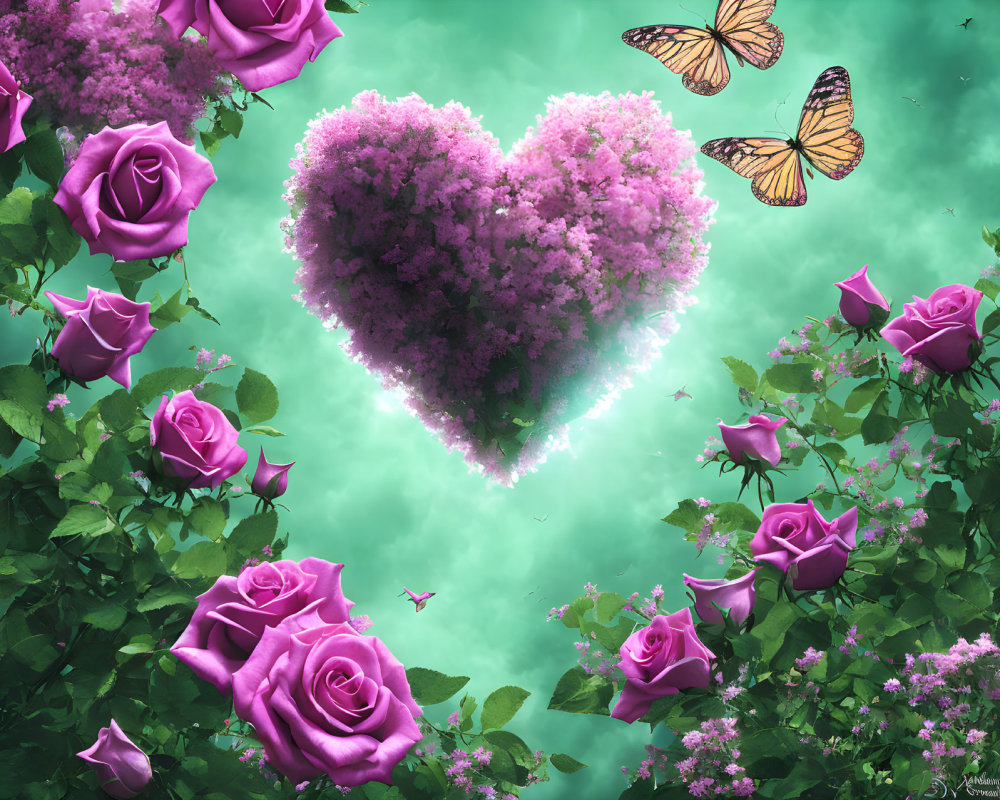 Pink Heart-Shaped Floral Arrangement with Butterflies on Teal Background