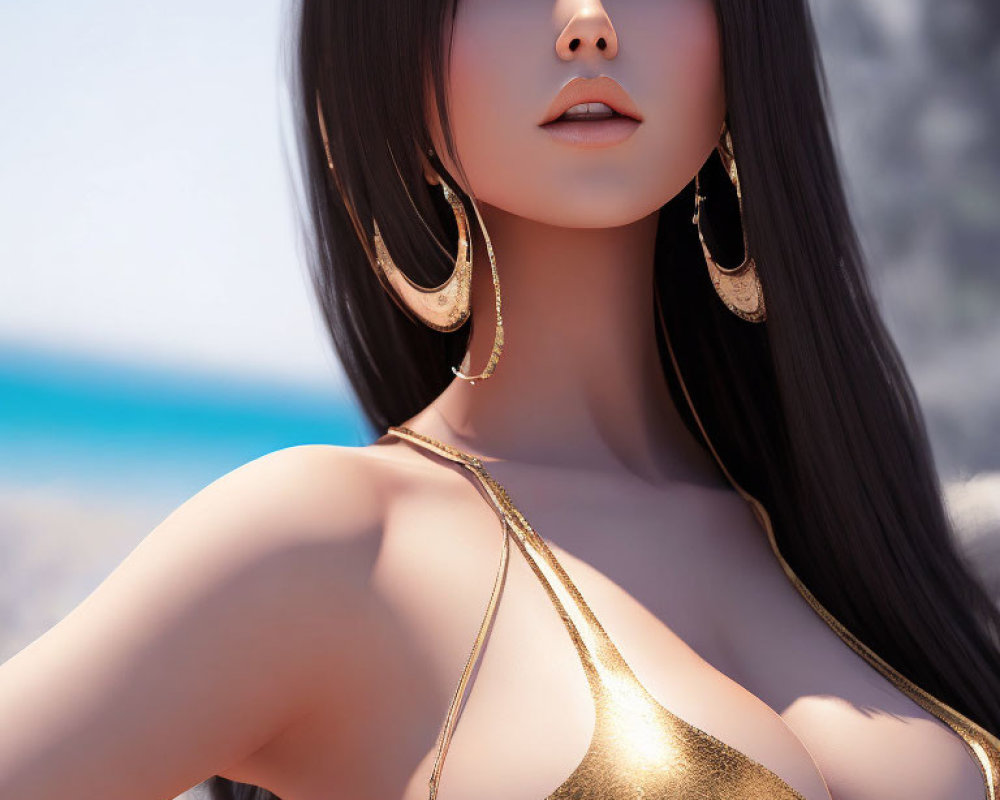 Rendered female character with long black hair and golden dress.