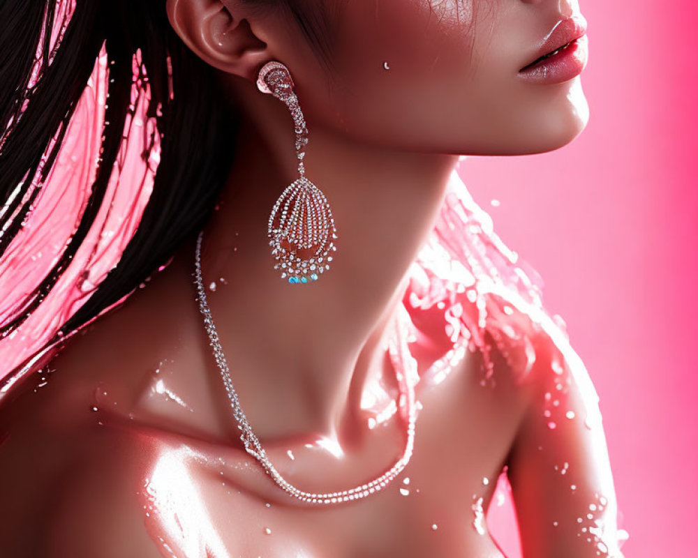 Glossy-skinned woman in elegant jewelry against pink backdrop