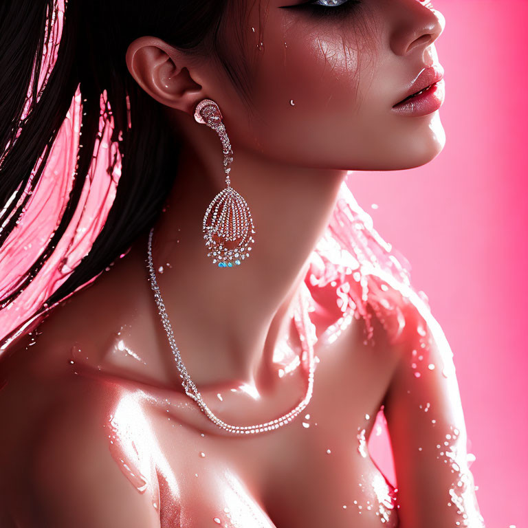 Glossy-skinned woman in elegant jewelry against pink backdrop