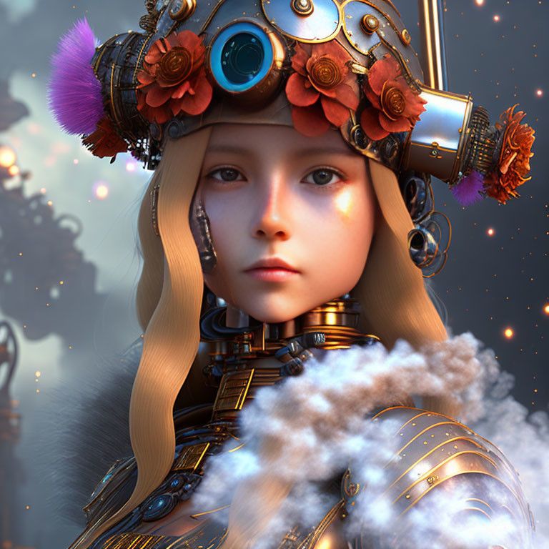 Steampunk-style girl with gear-adorned helmet in digital art