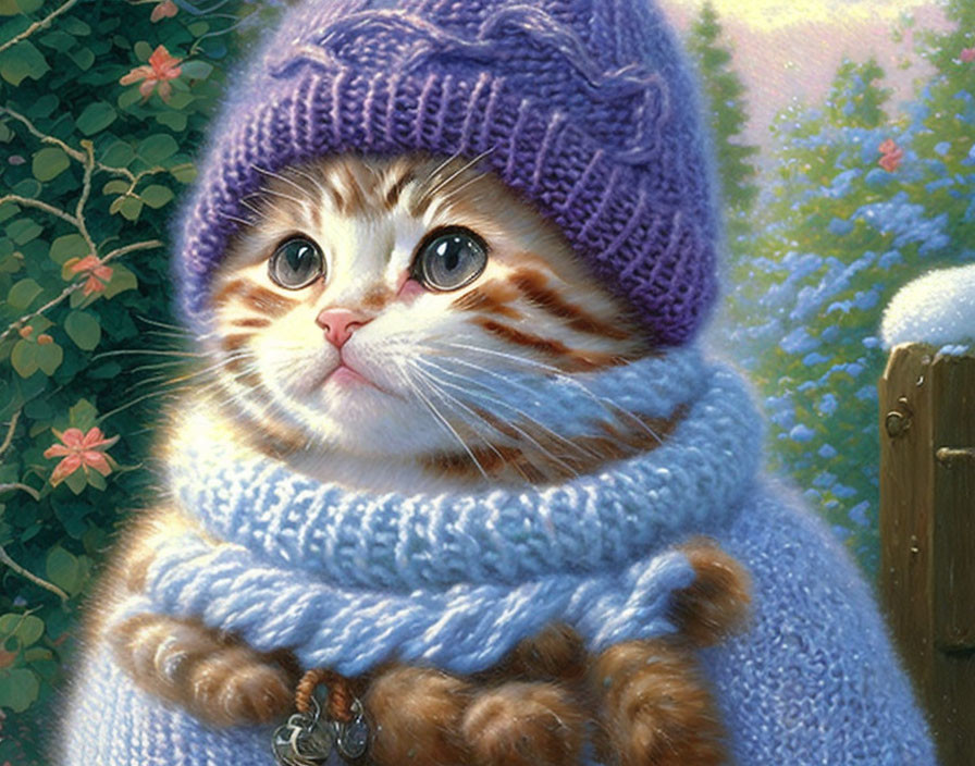 Fluffy kitten in purple hat and blue scarf in snowy scene