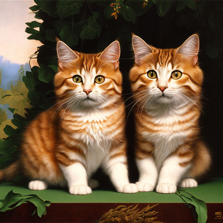 Fluffy Orange and White Striped Cats with Green Eyes in Nature