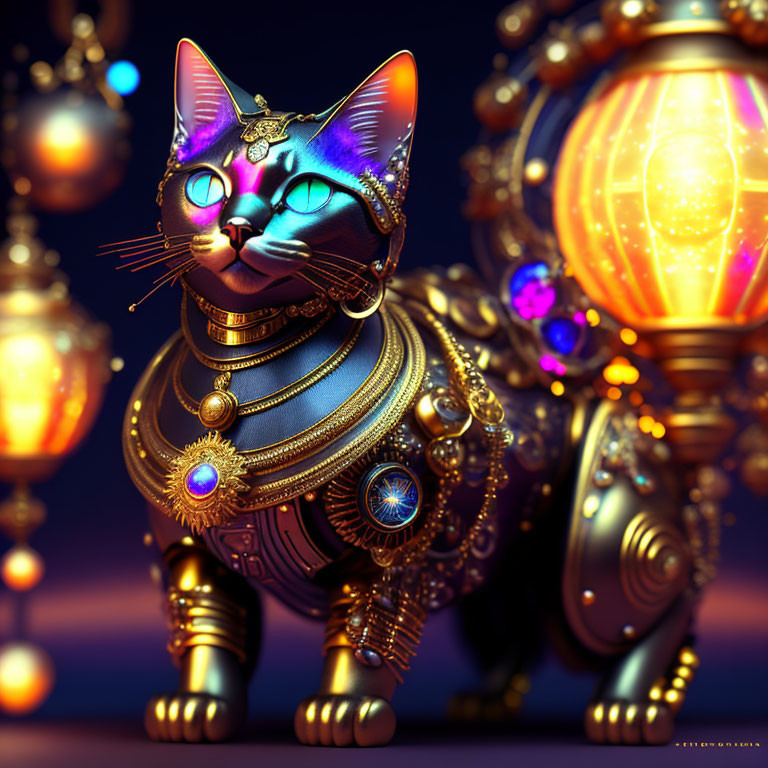 Stylized mechanical cat with gold jewelry and glowing gems on luminous orbs backdrop