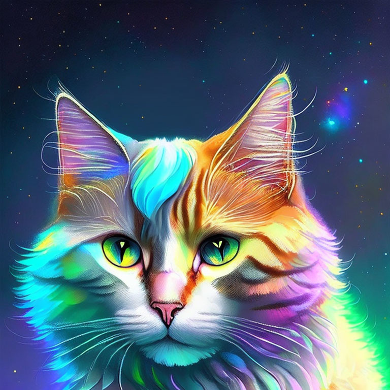 Colorful Cat Illustration with Green Eyes on Starry Night Sky Background