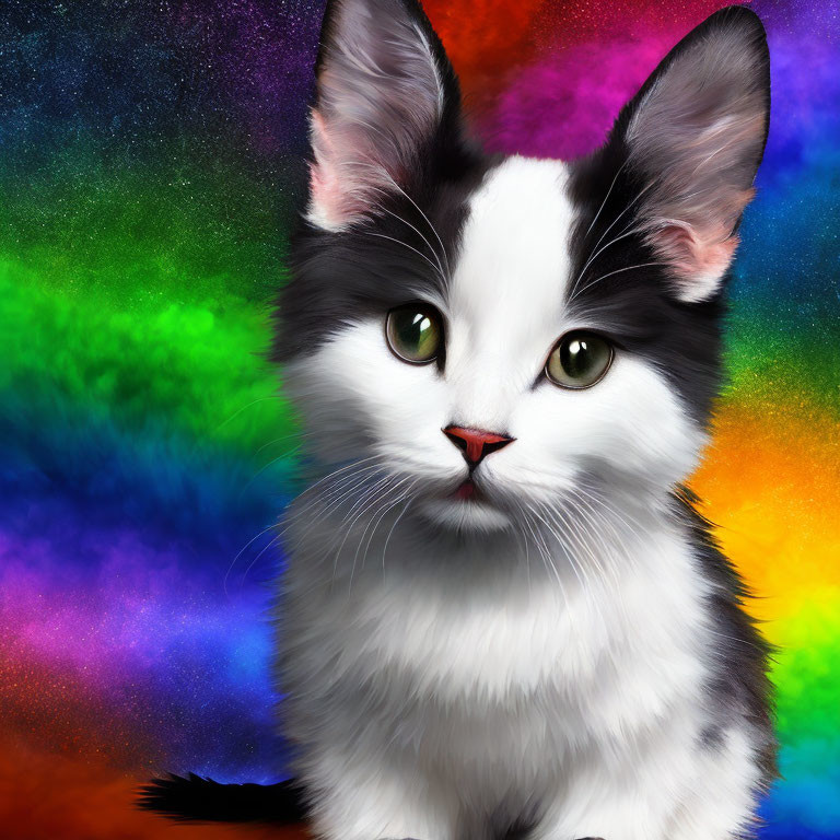 Black and White Cat with Green Eyes on Colorful Background