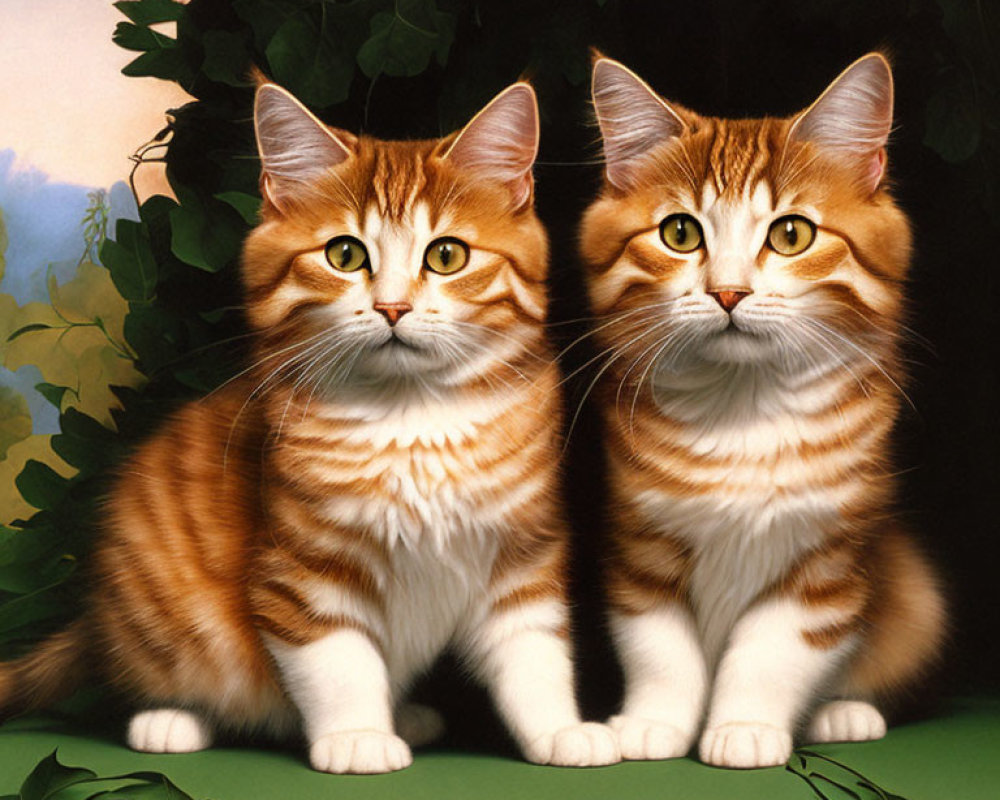 Fluffy Orange and White Striped Cats with Green Eyes in Nature