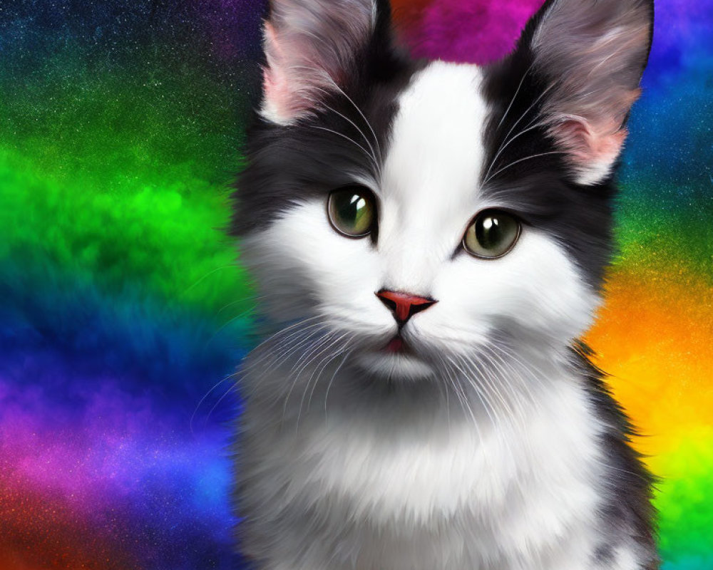 Black and White Cat with Green Eyes on Colorful Background