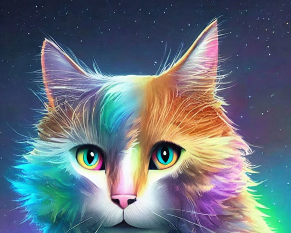 Colorful Cat with Green Eyes on Rainbow Fur Against Starry Night Sky